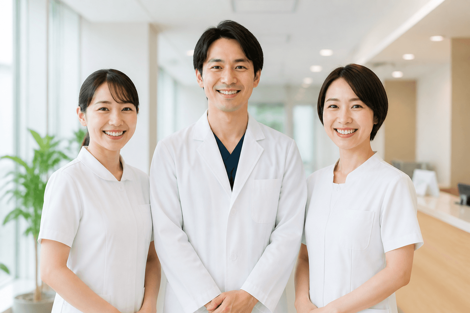 スタッフ3名が笑顔で並ぶ職場の様子